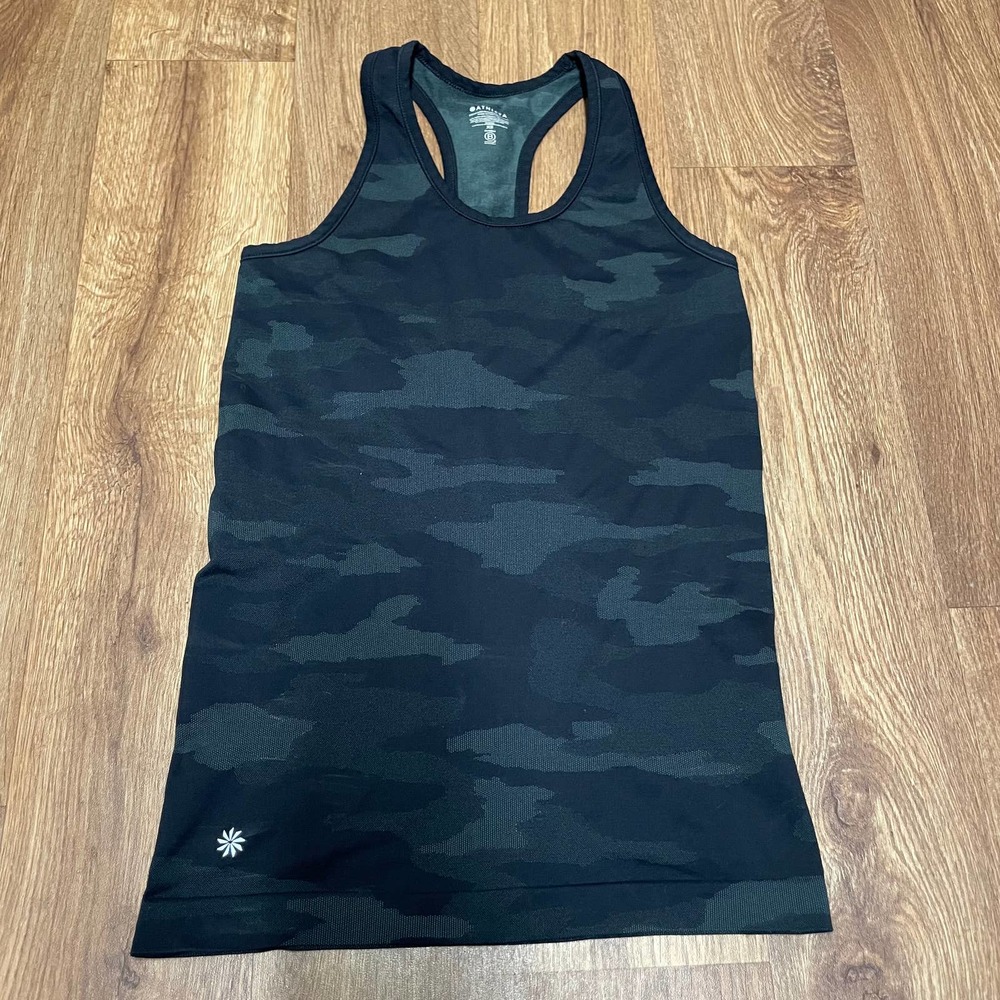 Athleta Black Camo Racerback Workout Tank Top Womens Size XS Rubber Waistband